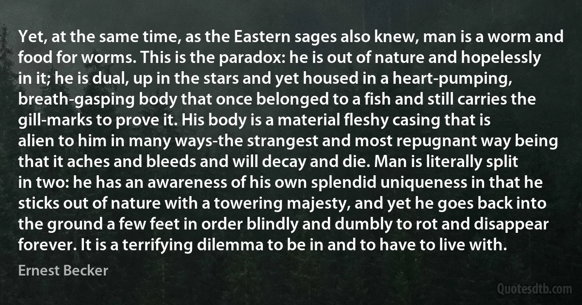 Yet, at the same time, as the Eastern sages also knew, man is a worm and food for worms. This is the paradox: he is out of nature and hopelessly in it; he is dual, up in the stars and yet housed in a heart-pumping, breath-gasping body that once belonged to a fish and still carries the gill-marks to prove it. His body is a material fleshy casing that is alien to him in many ways-the strangest and most repugnant way being that it aches and bleeds and will decay and die. Man is literally split in two: he has an awareness of his own splendid uniqueness in that he sticks out of nature with a towering majesty, and yet he goes back into the ground a few feet in order blindly and dumbly to rot and disappear forever. It is a terrifying dilemma to be in and to have to live with. (Ernest Becker)