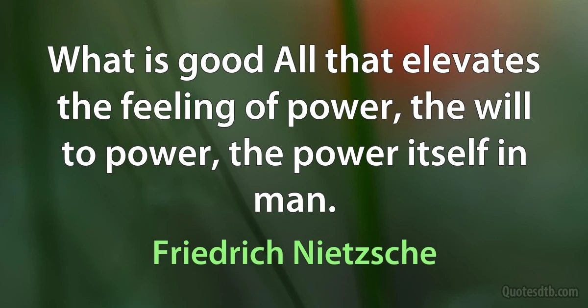 What is good All that elevates the feeling of power, the will to power, the power itself in man. (Friedrich Nietzsche)