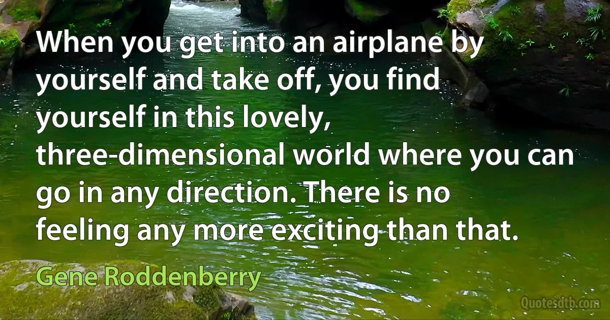 When you get into an airplane by yourself and take off, you find yourself in this lovely, three-dimensional world where you can go in any direction. There is no feeling any more exciting than that. (Gene Roddenberry)