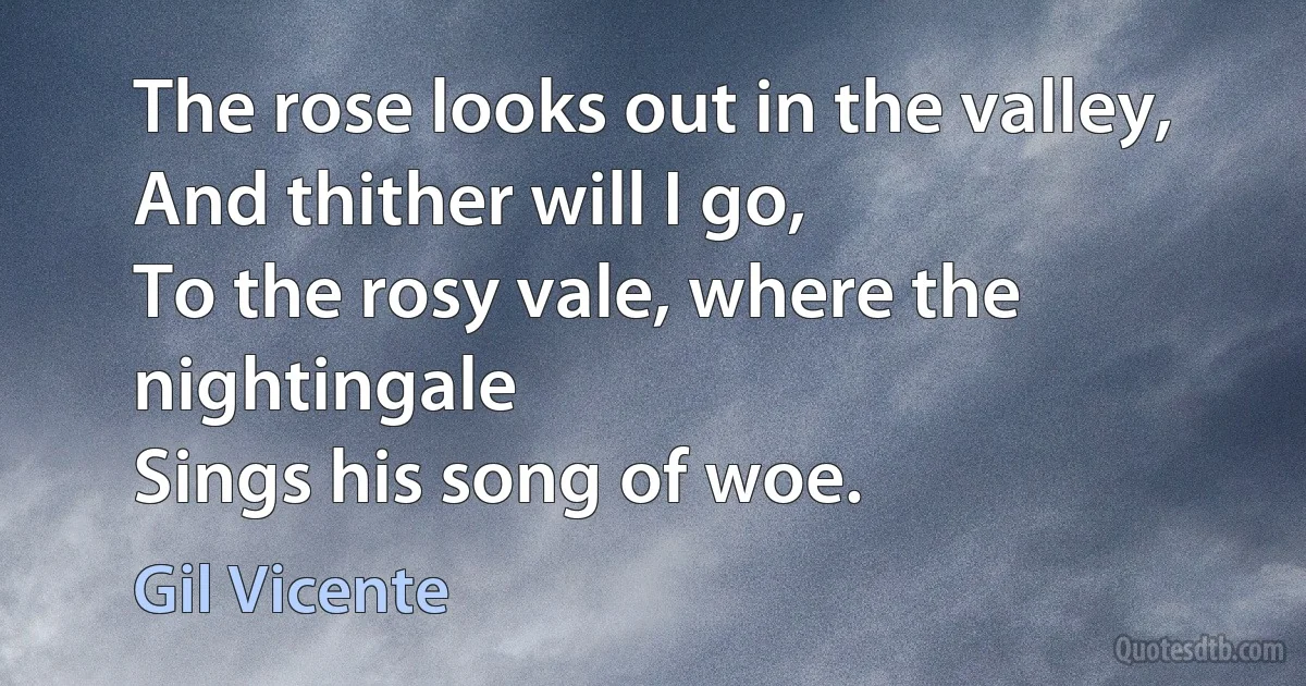 The rose looks out in the valley,
And thither will I go,
To the rosy vale, where the nightingale
Sings his song of woe. (Gil Vicente)