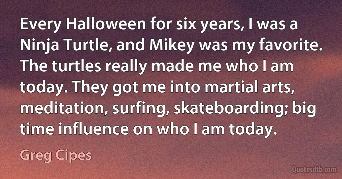 Every Halloween for six years, I was a Ninja Turtle, and Mikey was my favorite. The turtles really made me who I am today. They got me into martial arts, meditation, surfing, skateboarding; big time influence on who I am today. (Greg Cipes)