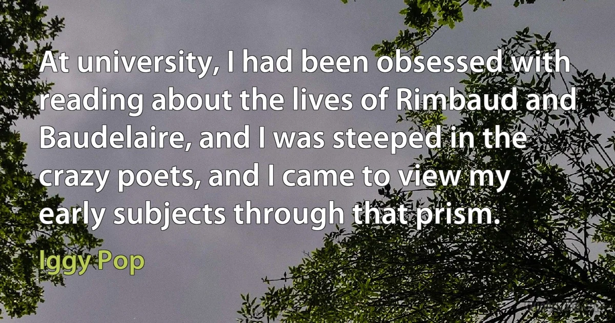 At university, I had been obsessed with reading about the lives of Rimbaud and Baudelaire, and I was steeped in the crazy poets, and I came to view my early subjects through that prism. (Iggy Pop)