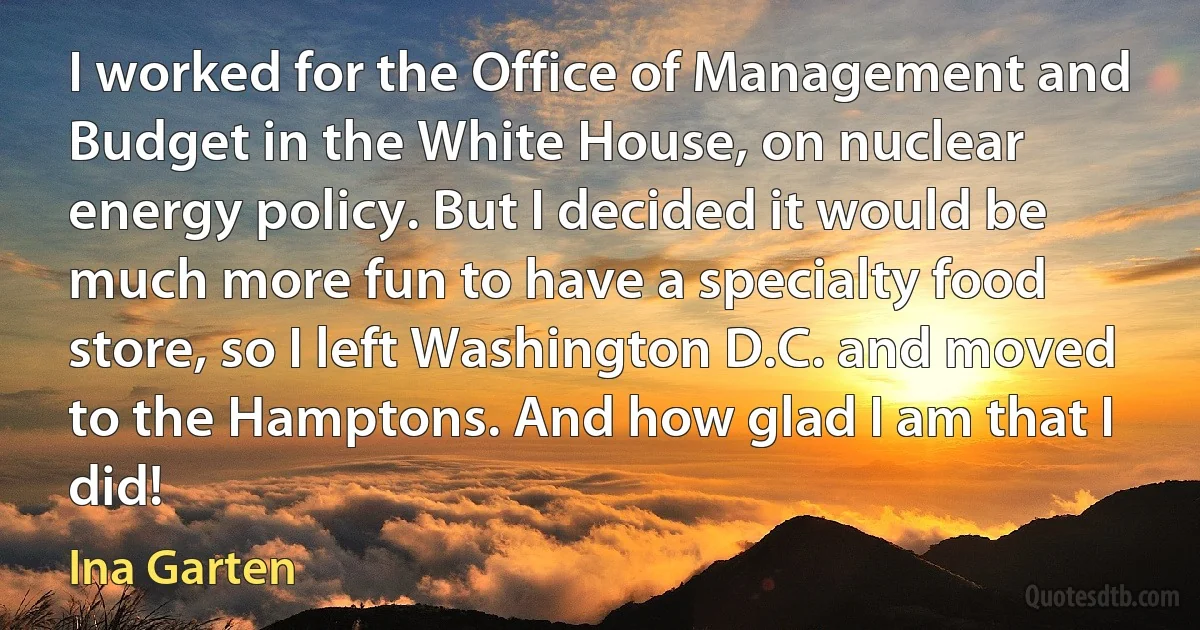 I worked for the Office of Management and Budget in the White House, on nuclear energy policy. But I decided it would be much more fun to have a specialty food store, so I left Washington D.C. and moved to the Hamptons. And how glad I am that I did! (Ina Garten)