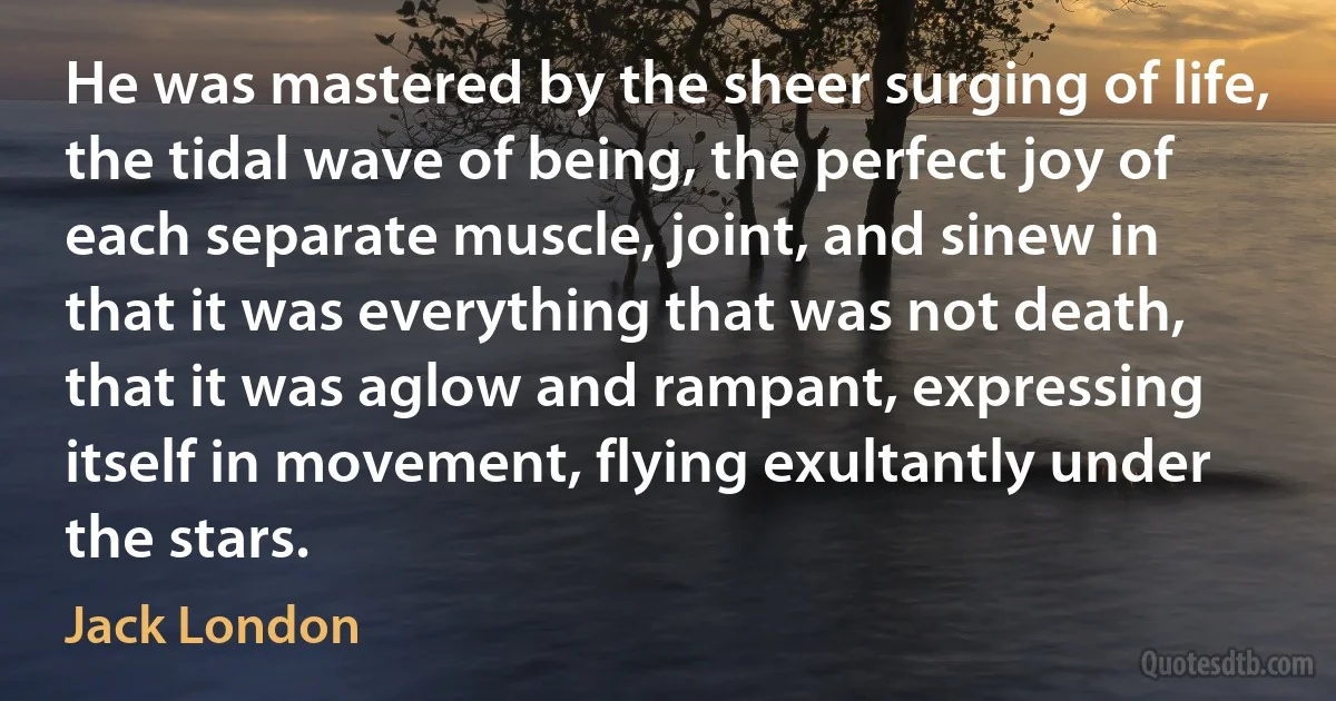 He was mastered by the sheer surging of life, the tidal wave of being, the perfect joy of each separate muscle, joint, and sinew in that it was everything that was not death, that it was aglow and rampant, expressing itself in movement, flying exultantly under the stars. (Jack London)