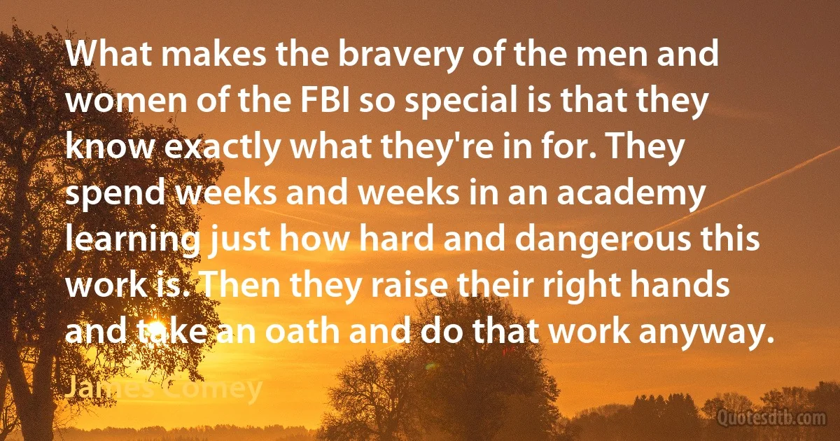 What makes the bravery of the men and women of the FBI so special is that they know exactly what they're in for. They spend weeks and weeks in an academy learning just how hard and dangerous this work is. Then they raise their right hands and take an oath and do that work anyway. (James Comey)