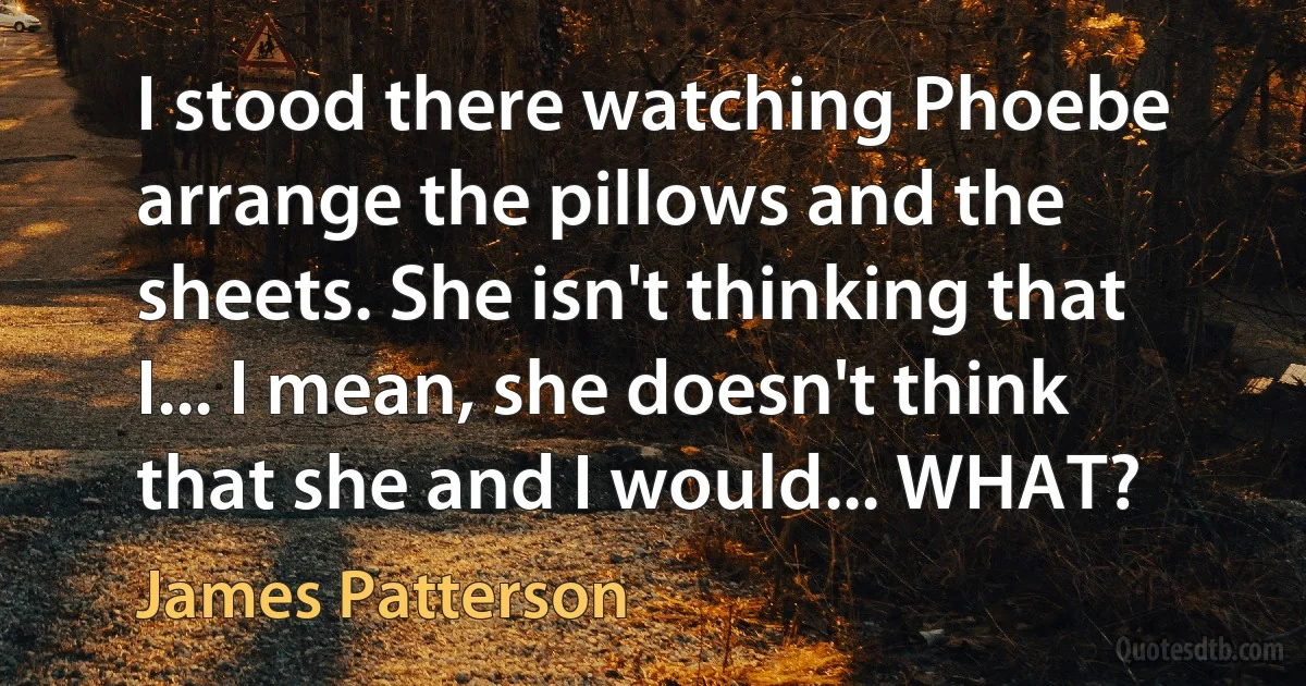 I stood there watching Phoebe arrange the pillows and the sheets. She isn't thinking that I... I mean, she doesn't think that she and I would... WHAT? (James Patterson)