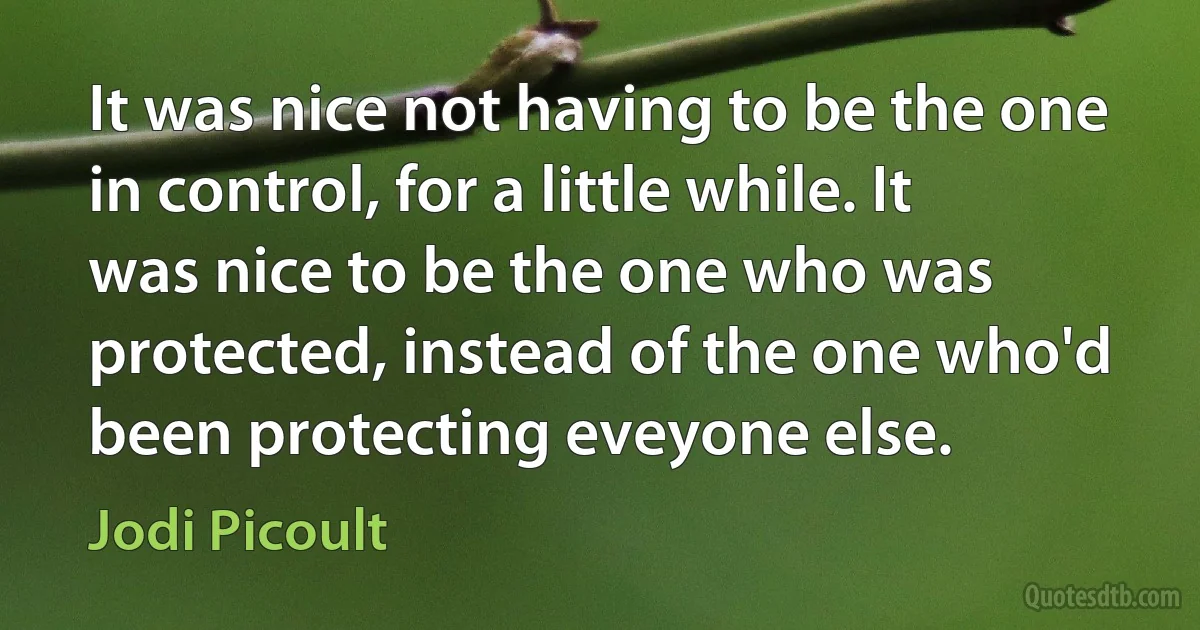 It was nice not having to be the one in control, for a little while. It was nice to be the one who was protected, instead of the one who'd been protecting eveyone else. (Jodi Picoult)