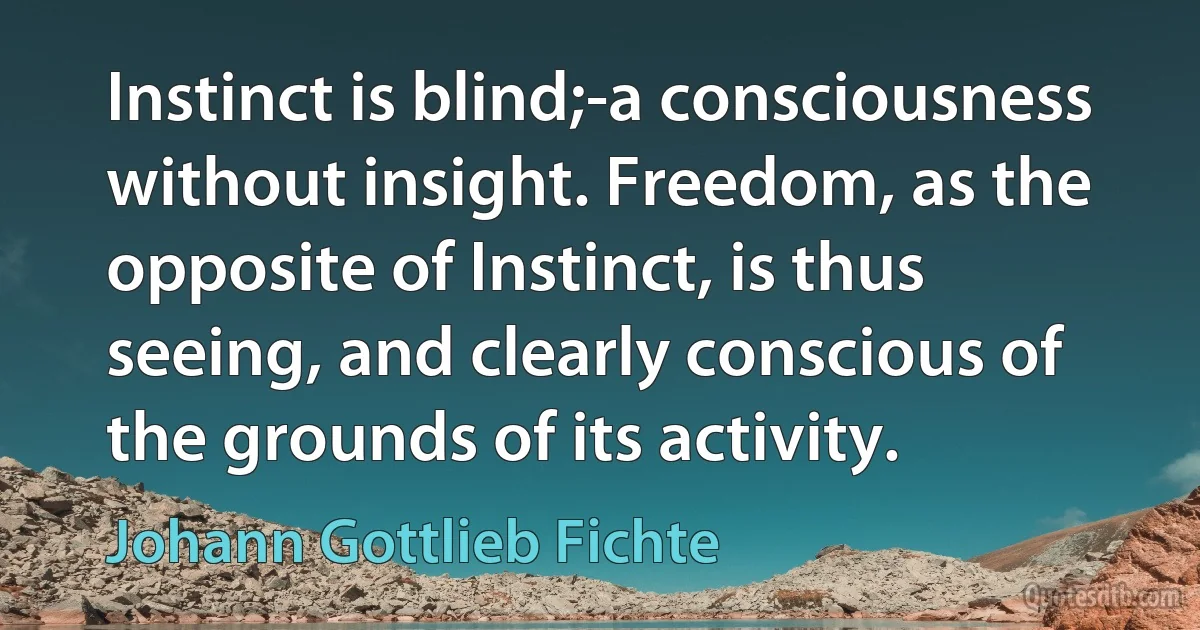 Instinct is blind;-a consciousness without insight. Freedom, as the opposite of Instinct, is thus seeing, and clearly conscious of the grounds of its activity. (Johann Gottlieb Fichte)