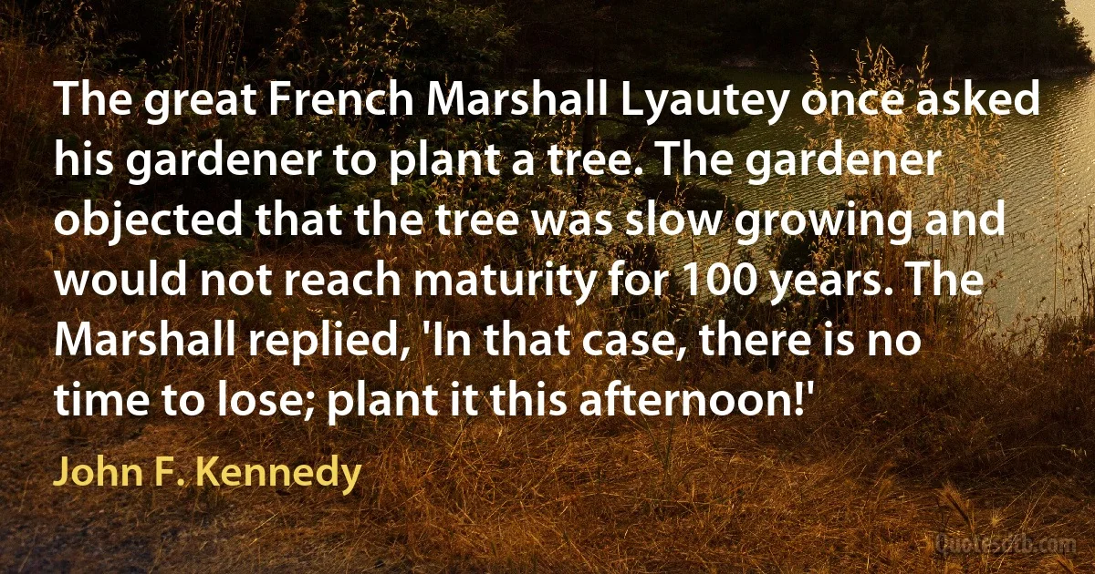 The great French Marshall Lyautey once asked his gardener to plant a tree. The gardener objected that the tree was slow growing and would not reach maturity for 100 years. The Marshall replied, 'In that case, there is no time to lose; plant it this afternoon!' (John F. Kennedy)