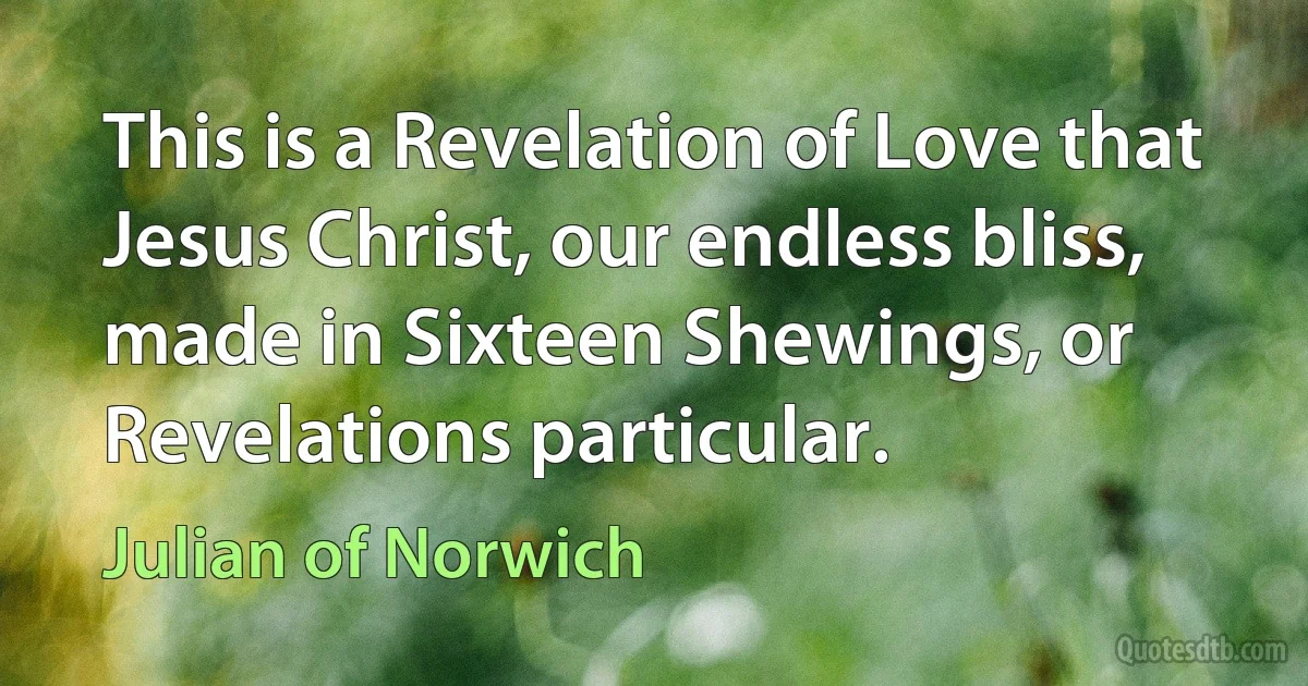 This is a Revelation of Love that Jesus Christ, our endless bliss, made in Sixteen Shewings, or Revelations particular. (Julian of Norwich)