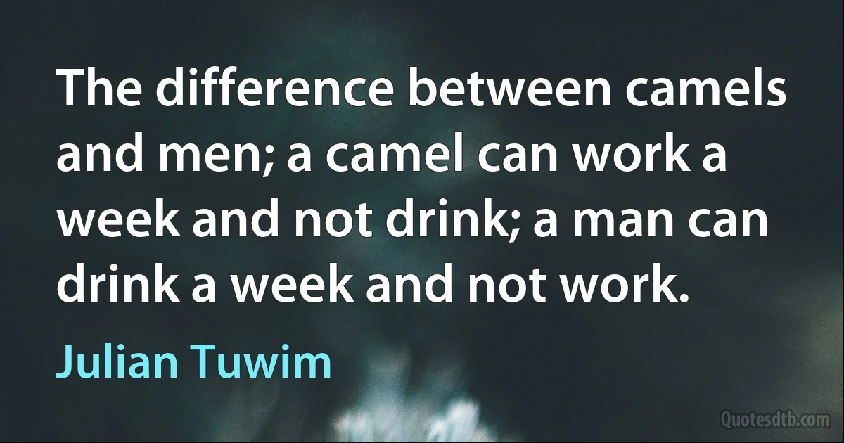 The difference between camels and men; a camel can work a week and not drink; a man can drink a week and not work. (Julian Tuwim)