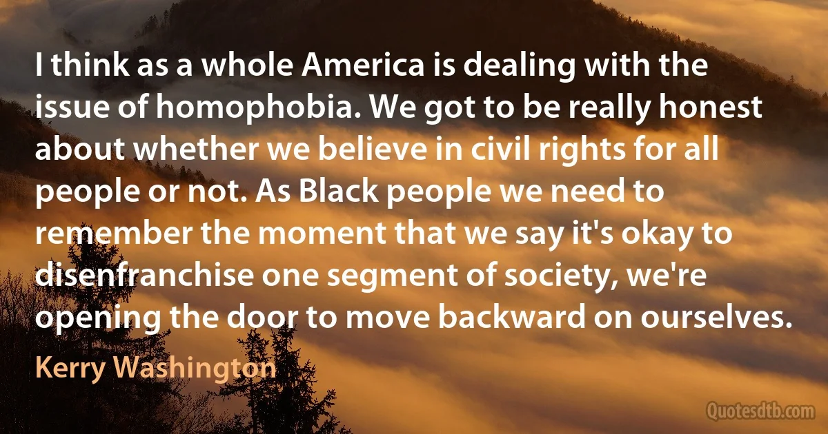 I think as a whole America is dealing with the issue of homophobia. We got to be really honest about whether we believe in civil rights for all people or not. As Black people we need to remember the moment that we say it's okay to disenfranchise one segment of society, we're opening the door to move backward on ourselves. (Kerry Washington)