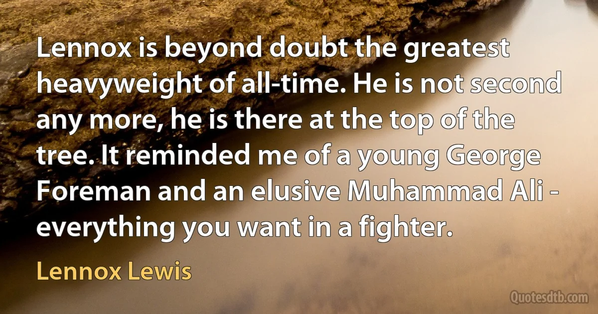 Lennox is beyond doubt the greatest heavyweight of all-time. He is not second any more, he is there at the top of the tree. It reminded me of a young George Foreman and an elusive Muhammad Ali - everything you want in a fighter. (Lennox Lewis)