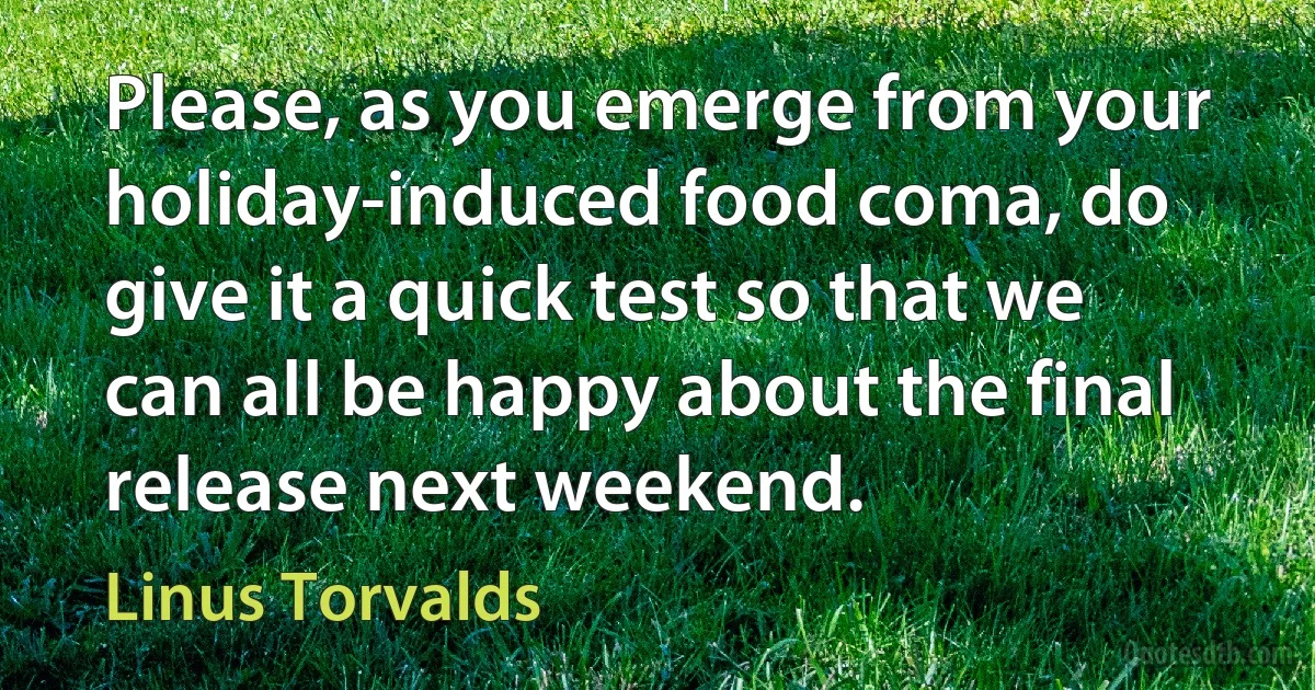 Please, as you emerge from your holiday-induced food coma, do give it a quick test so that we can all be happy about the final release next weekend. (Linus Torvalds)