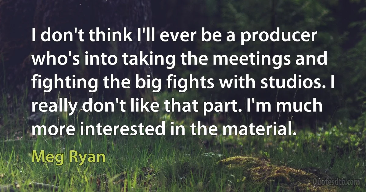 I don't think I'll ever be a producer who's into taking the meetings and fighting the big fights with studios. I really don't like that part. I'm much more interested in the material. (Meg Ryan)