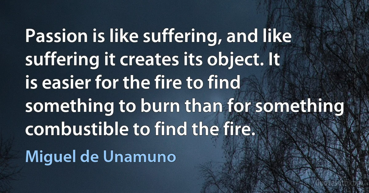 Passion is like suffering, and like suffering it creates its object. It is easier for the fire to find something to burn than for something combustible to find the fire. (Miguel de Unamuno)