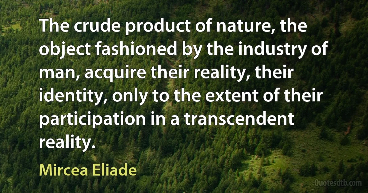 The crude product of nature, the object fashioned by the industry of man, acquire their reality, their identity, only to the extent of their participation in a transcendent reality. (Mircea Eliade)