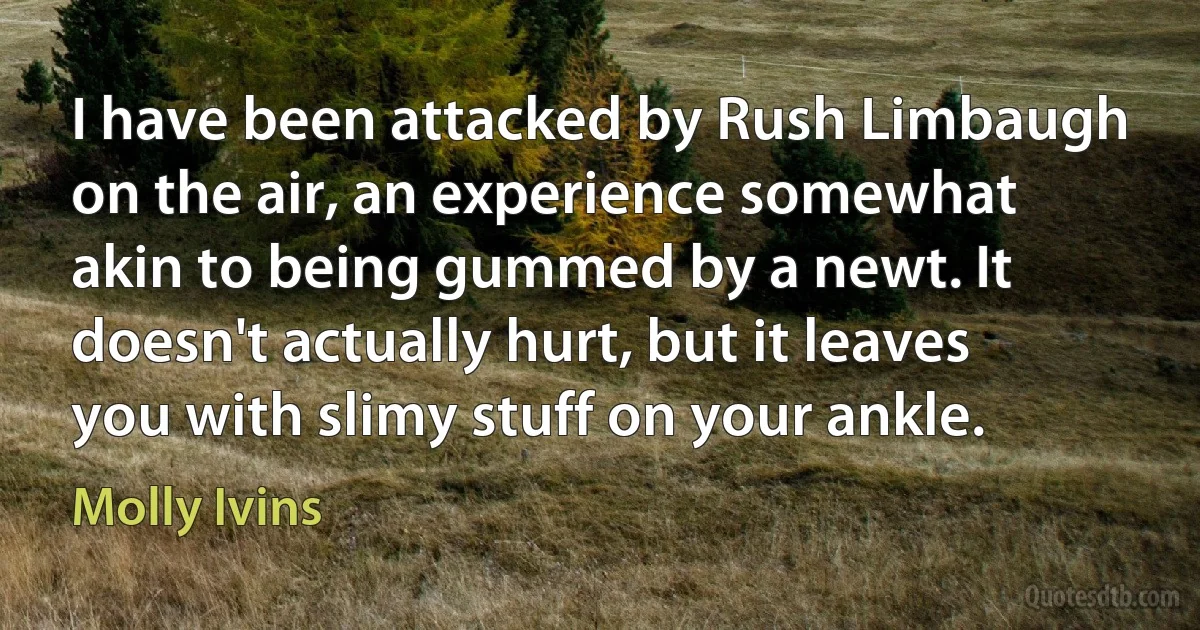 I have been attacked by Rush Limbaugh on the air, an experience somewhat akin to being gummed by a newt. It doesn't actually hurt, but it leaves you with slimy stuff on your ankle. (Molly Ivins)