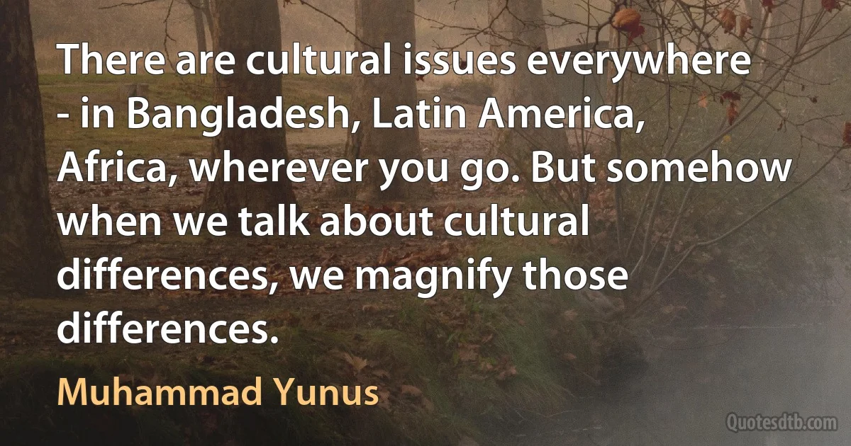 There are cultural issues everywhere - in Bangladesh, Latin America, Africa, wherever you go. But somehow when we talk about cultural differences, we magnify those differences. (Muhammad Yunus)