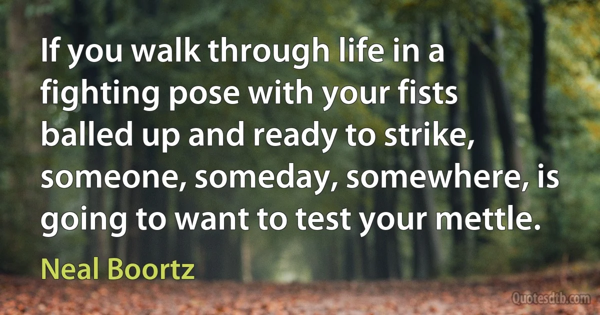 If you walk through life in a fighting pose with your fists balled up and ready to strike, someone, someday, somewhere, is going to want to test your mettle. (Neal Boortz)