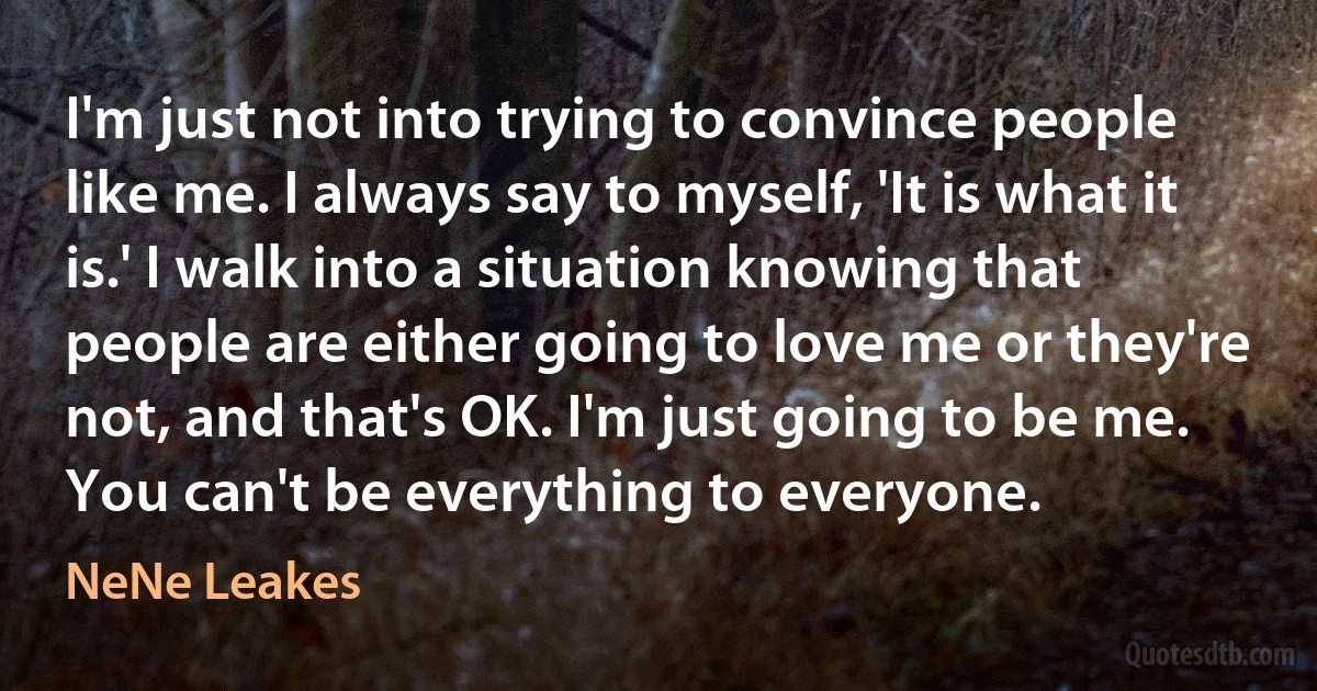 I'm just not into trying to convince people like me. I always say to myself, 'It is what it is.' I walk into a situation knowing that people are either going to love me or they're not, and that's OK. I'm just going to be me. You can't be everything to everyone. (NeNe Leakes)