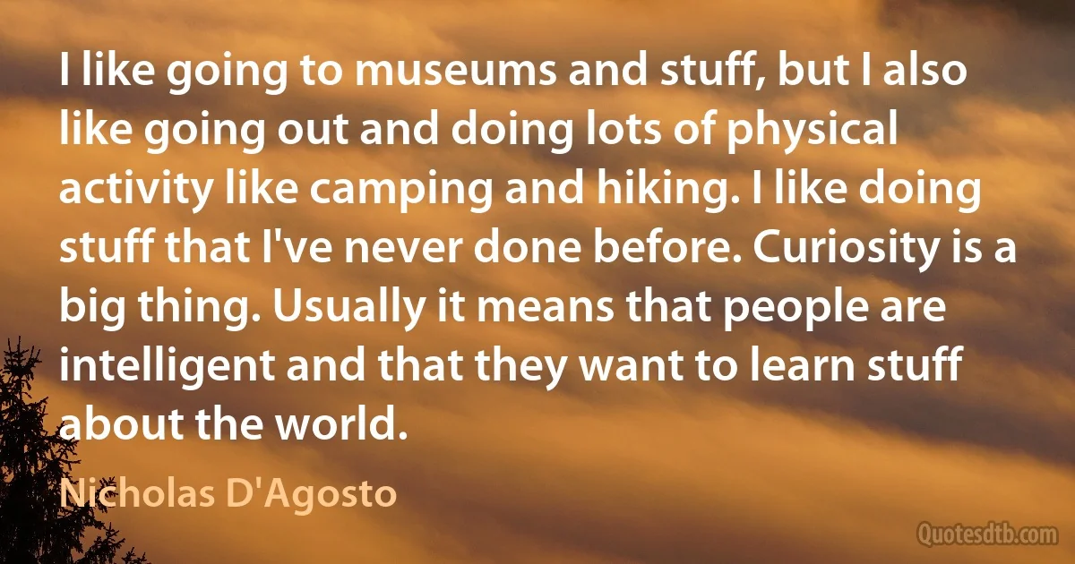 I like going to museums and stuff, but I also like going out and doing lots of physical activity like camping and hiking. I like doing stuff that I've never done before. Curiosity is a big thing. Usually it means that people are intelligent and that they want to learn stuff about the world. (Nicholas D'Agosto)