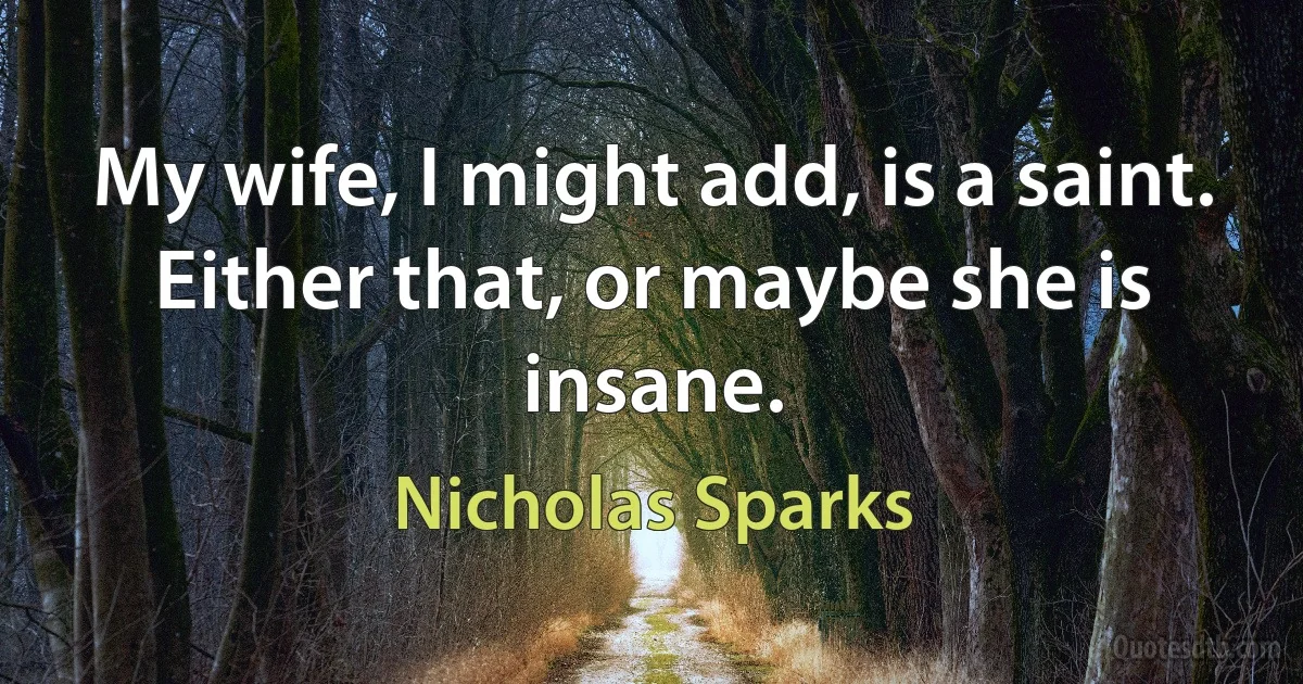 My wife, I might add, is a saint.
Either that, or maybe she is insane. (Nicholas Sparks)