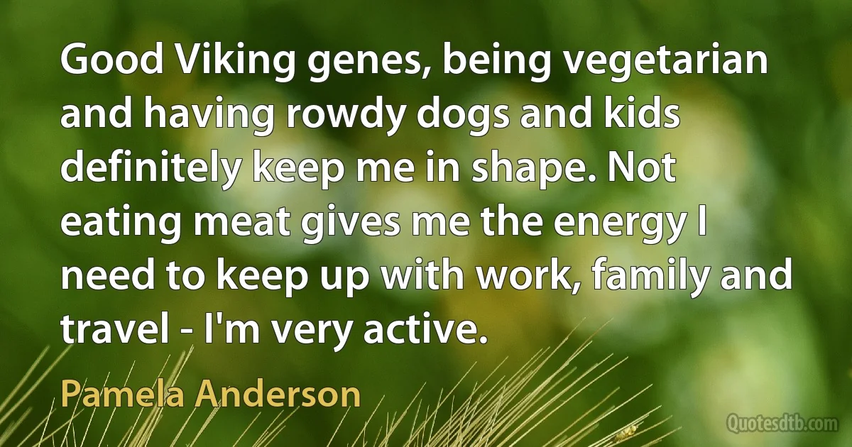 Good Viking genes, being vegetarian and having rowdy dogs and kids definitely keep me in shape. Not eating meat gives me the energy I need to keep up with work, family and travel - I'm very active. (Pamela Anderson)