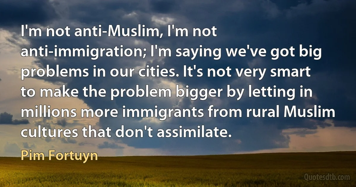 I'm not anti-Muslim, I'm not anti-immigration; I'm saying we've got big problems in our cities. It's not very smart to make the problem bigger by letting in millions more immigrants from rural Muslim cultures that don't assimilate. (Pim Fortuyn)