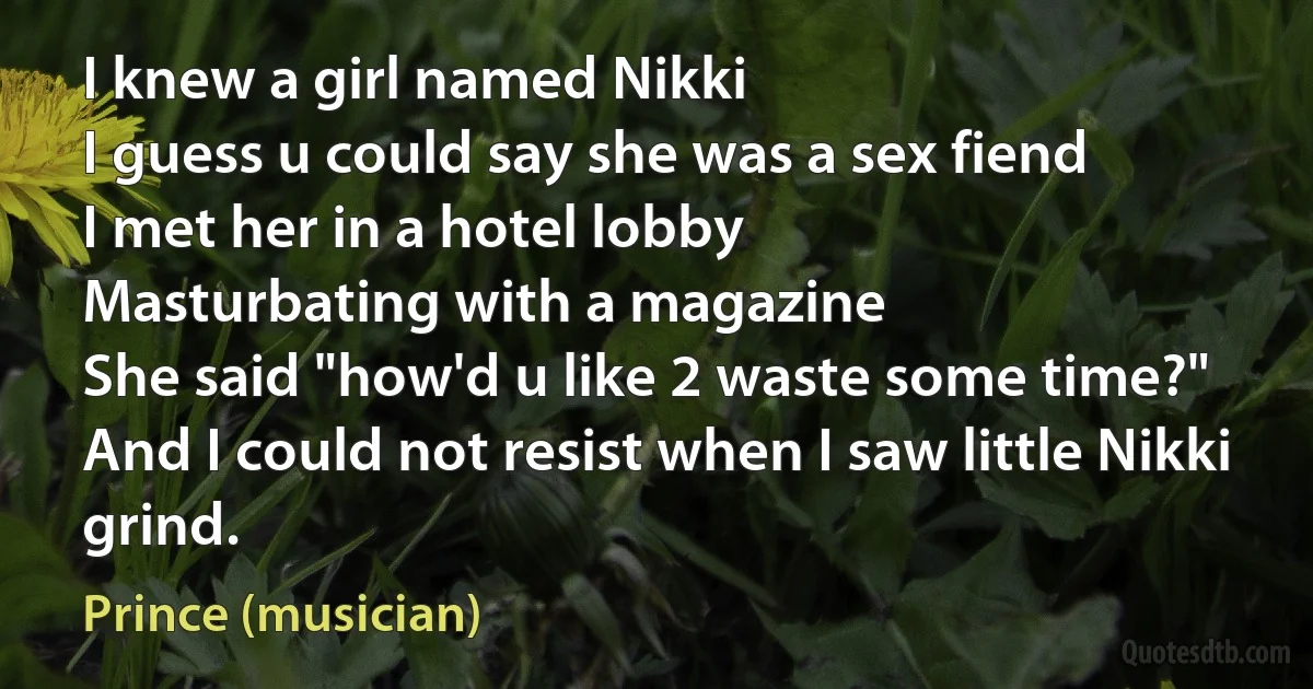 I knew a girl named Nikki
I guess u could say she was a sex fiend
I met her in a hotel lobby
Masturbating with a magazine
She said "how'd u like 2 waste some time?"
And I could not resist when I saw little Nikki grind. (Prince (musician))