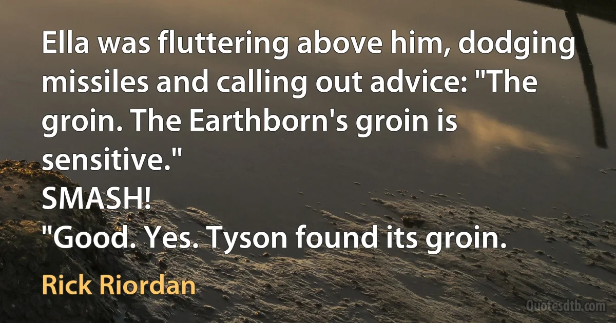 Ella was fluttering above him, dodging missiles and calling out advice: "The groin. The Earthborn's groin is sensitive."
SMASH!
"Good. Yes. Tyson found its groin. (Rick Riordan)