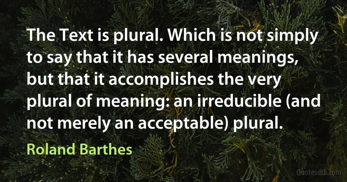 The Text is plural. Which is not simply to say that it has several meanings, but that it accomplishes the very plural of meaning: an irreducible (and not merely an acceptable) plural. (Roland Barthes)