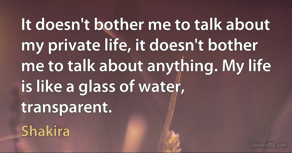 It doesn't bother me to talk about my private life, it doesn't bother me to talk about anything. My life is like a glass of water, transparent. (Shakira)