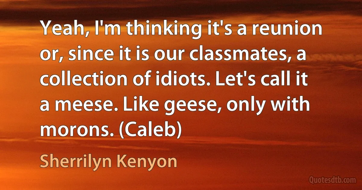 Yeah, I'm thinking it's a reunion or, since it is our classmates, a collection of idiots. Let's call it a meese. Like geese, only with morons. (Caleb) (Sherrilyn Kenyon)