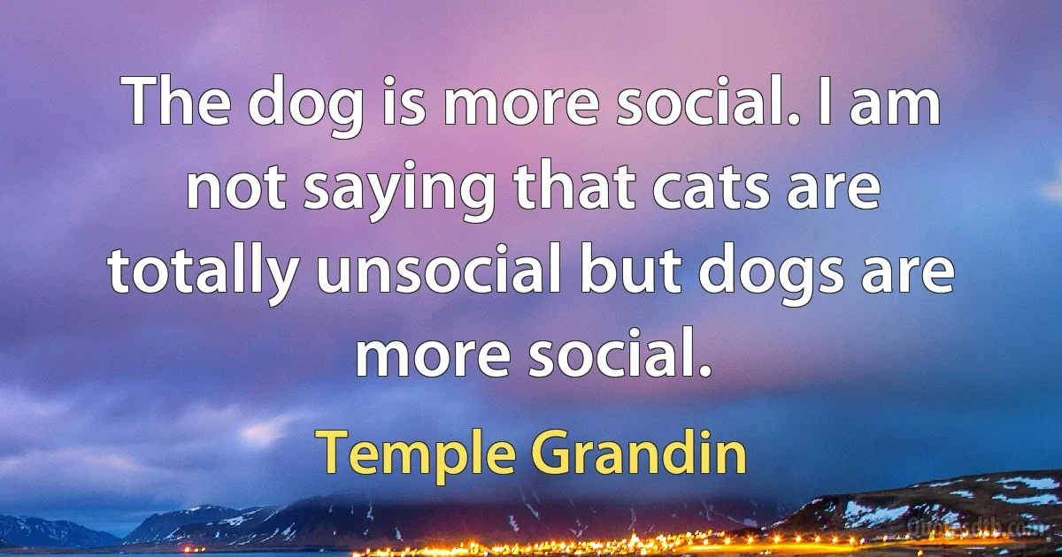 The dog is more social. I am not saying that cats are totally unsocial but dogs are more social. (Temple Grandin)