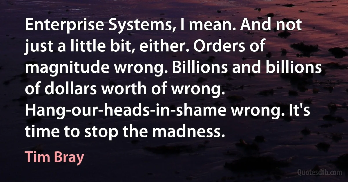 Enterprise Systems, I mean. And not just a little bit, either. Orders of magnitude wrong. Billions and billions of dollars worth of wrong. Hang-our-heads-in-shame wrong. It's time to stop the madness. (Tim Bray)