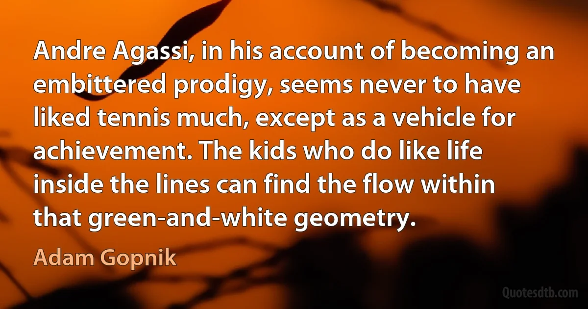 Andre Agassi, in his account of becoming an embittered prodigy, seems never to have liked tennis much, except as a vehicle for achievement. The kids who do like life inside the lines can find the flow within that green-and-white geometry. (Adam Gopnik)