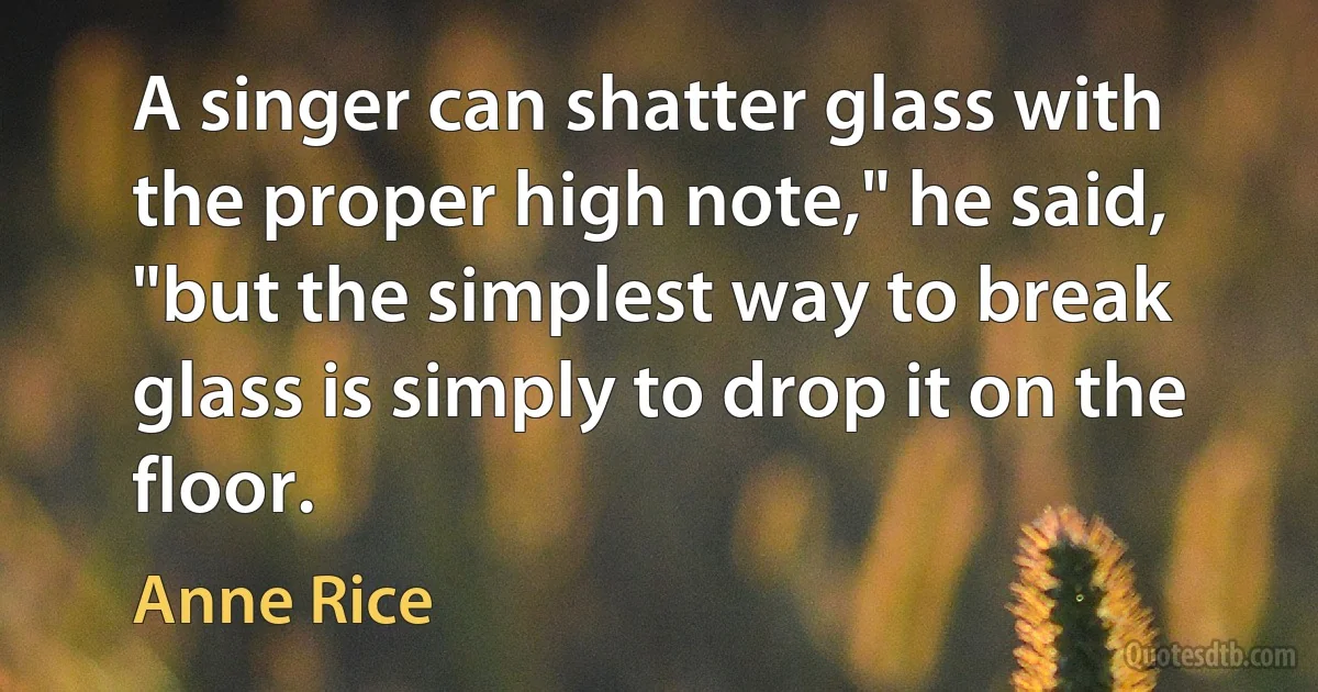 A singer can shatter glass with the proper high note," he said, "but the simplest way to break glass is simply to drop it on the floor. (Anne Rice)