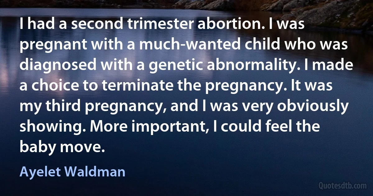 I had a second trimester abortion. I was pregnant with a much-wanted child who was diagnosed with a genetic abnormality. I made a choice to terminate the pregnancy. It was my third pregnancy, and I was very obviously showing. More important, I could feel the baby move. (Ayelet Waldman)