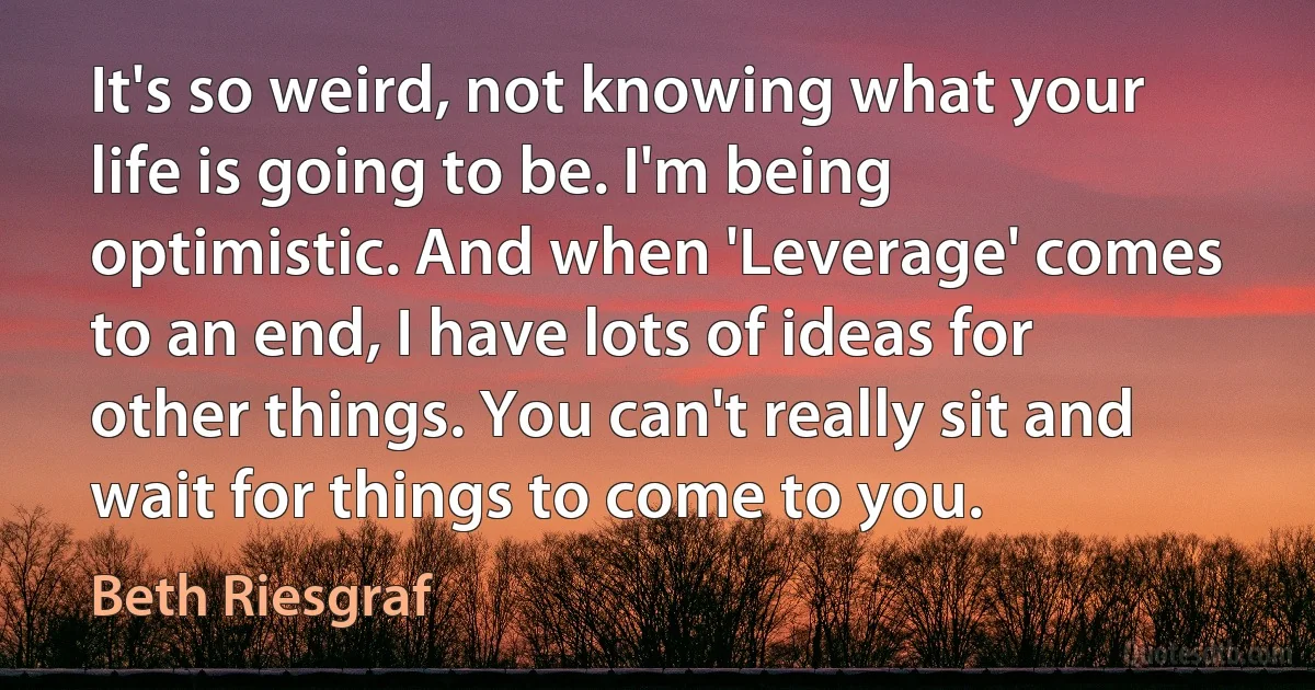 It's so weird, not knowing what your life is going to be. I'm being optimistic. And when 'Leverage' comes to an end, I have lots of ideas for other things. You can't really sit and wait for things to come to you. (Beth Riesgraf)