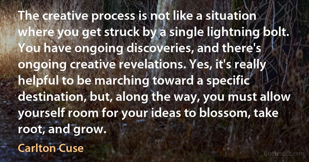 The creative process is not like a situation where you get struck by a single lightning bolt. You have ongoing discoveries, and there's ongoing creative revelations. Yes, it's really helpful to be marching toward a specific destination, but, along the way, you must allow yourself room for your ideas to blossom, take root, and grow. (Carlton Cuse)