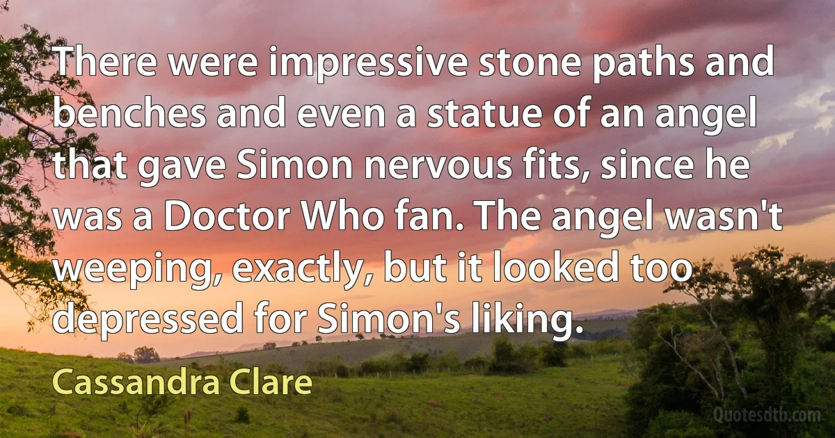 There were impressive stone paths and benches and even a statue of an angel that gave Simon nervous fits, since he was a Doctor Who fan. The angel wasn't weeping, exactly, but it looked too depressed for Simon's liking. (Cassandra Clare)