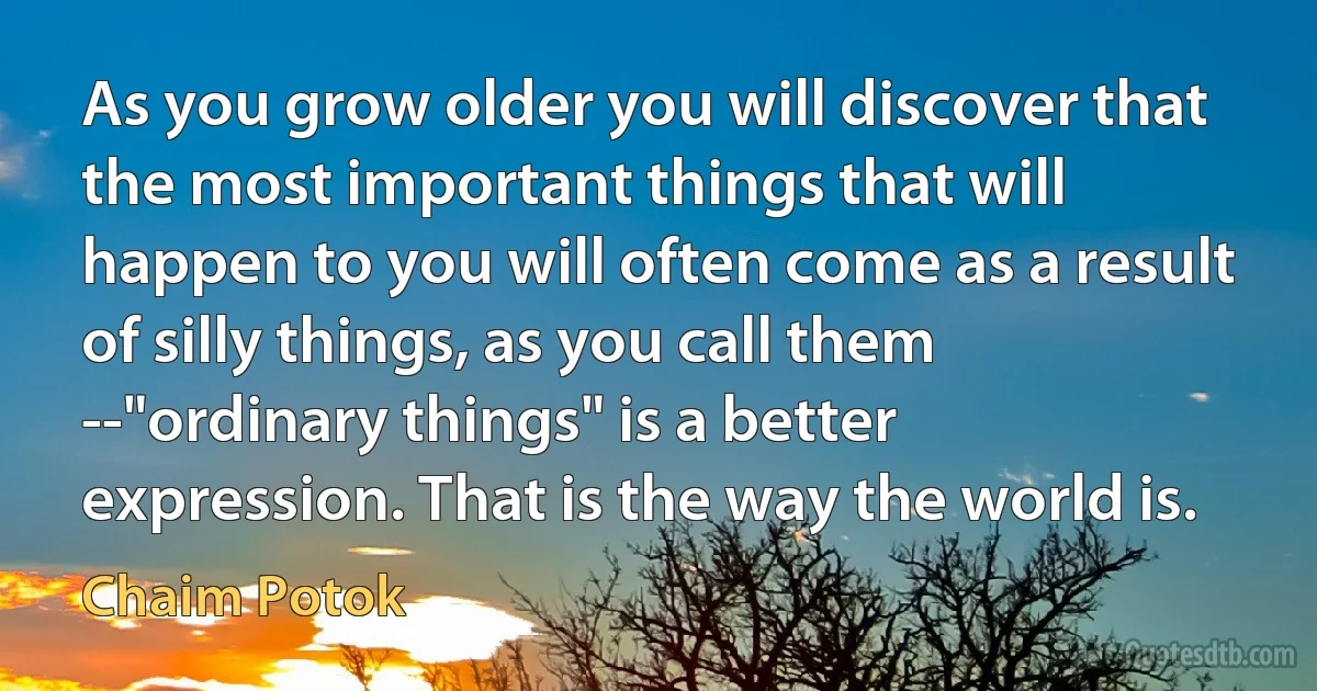 As you grow older you will discover that the most important things that will happen to you will often come as a result of silly things, as you call them --"ordinary things" is a better expression. That is the way the world is. (Chaim Potok)