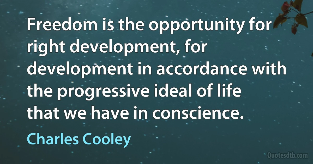 Freedom is the opportunity for right development, for development in accordance with the progressive ideal of life that we have in conscience. (Charles Cooley)