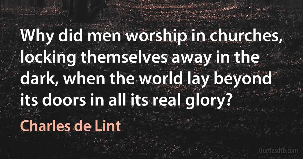 Why did men worship in churches, locking themselves away in the dark, when the world lay beyond its doors in all its real glory? (Charles de Lint)