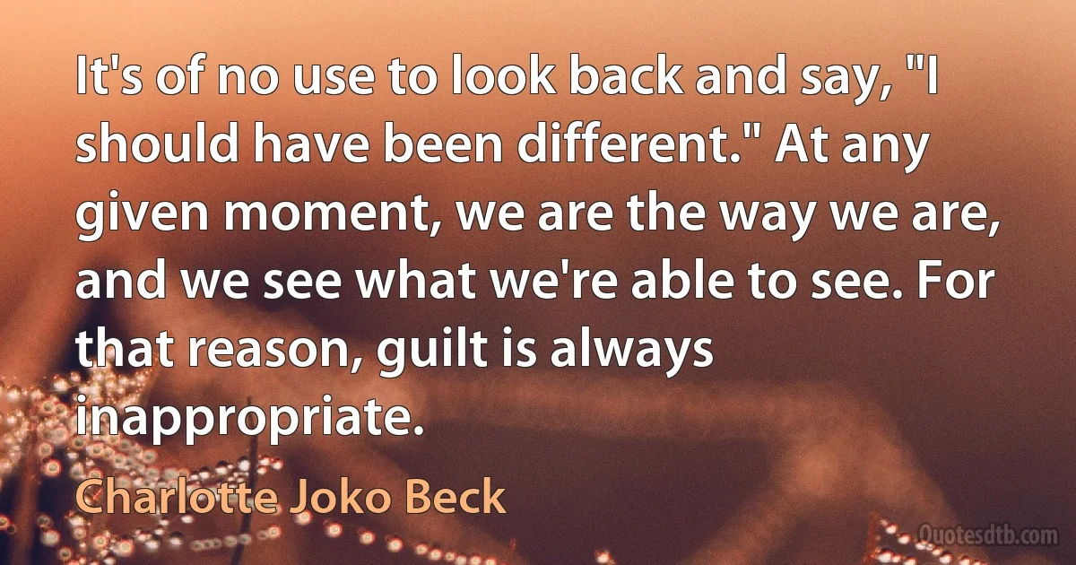 It's of no use to look back and say, "I should have been different." At any given moment, we are the way we are, and we see what we're able to see. For that reason, guilt is always inappropriate. (Charlotte Joko Beck)