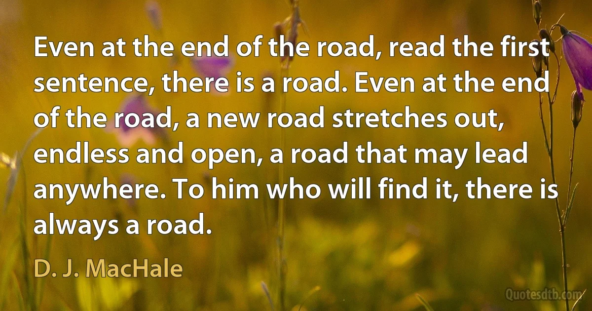 Even at the end of the road, read the first sentence, there is a road. Even at the end of the road, a new road stretches out, endless and open, a road that may lead anywhere. To him who will find it, there is always a road. (D. J. MacHale)