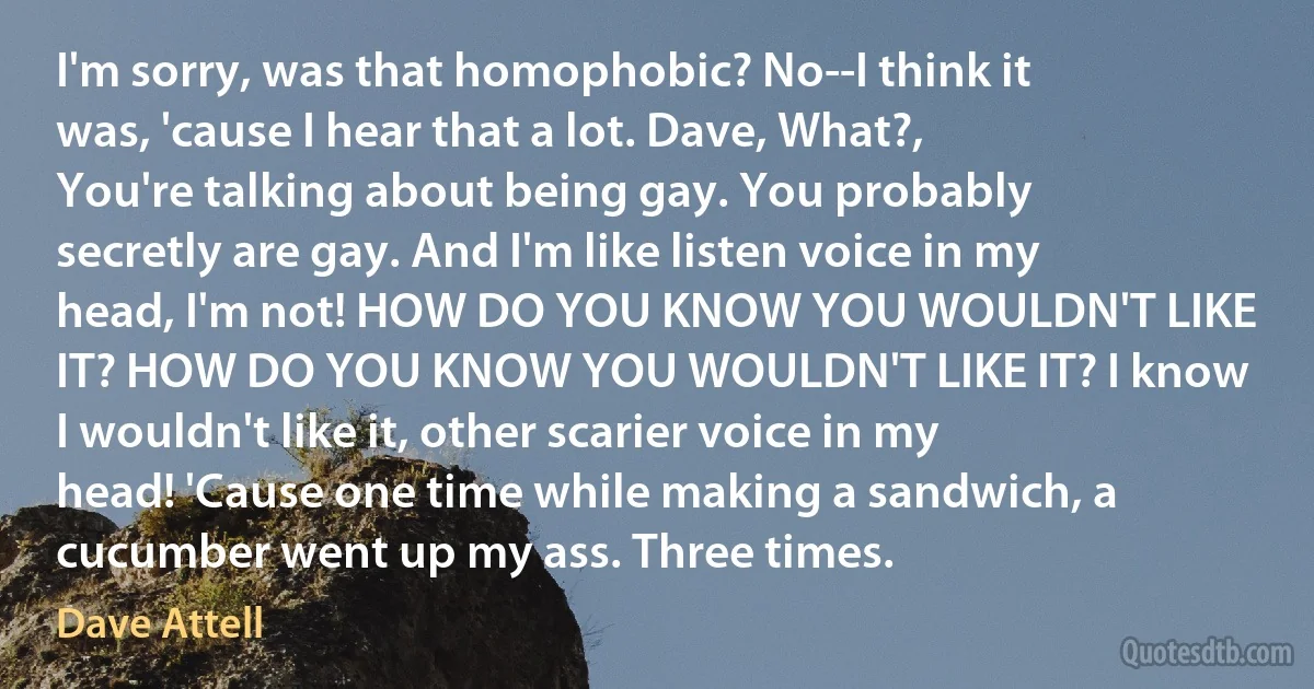 I'm sorry, was that homophobic? No--I think it was, 'cause I hear that a lot. Dave, What?, You're talking about being gay. You probably secretly are gay. And I'm like listen voice in my head, I'm not! HOW DO YOU KNOW YOU WOULDN'T LIKE IT? HOW DO YOU KNOW YOU WOULDN'T LIKE IT? I know I wouldn't like it, other scarier voice in my head! 'Cause one time while making a sandwich, a cucumber went up my ass. Three times. (Dave Attell)