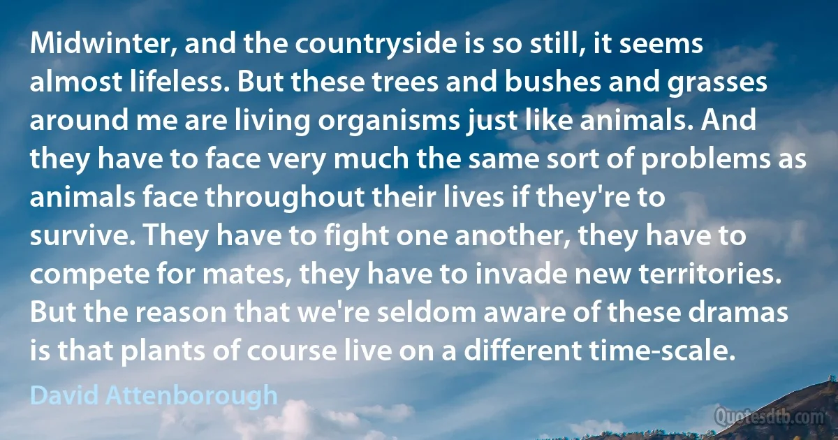 Midwinter, and the countryside is so still, it seems almost lifeless. But these trees and bushes and grasses around me are living organisms just like animals. And they have to face very much the same sort of problems as animals face throughout their lives if they're to survive. They have to fight one another, they have to compete for mates, they have to invade new territories. But the reason that we're seldom aware of these dramas is that plants of course live on a different time-scale. (David Attenborough)