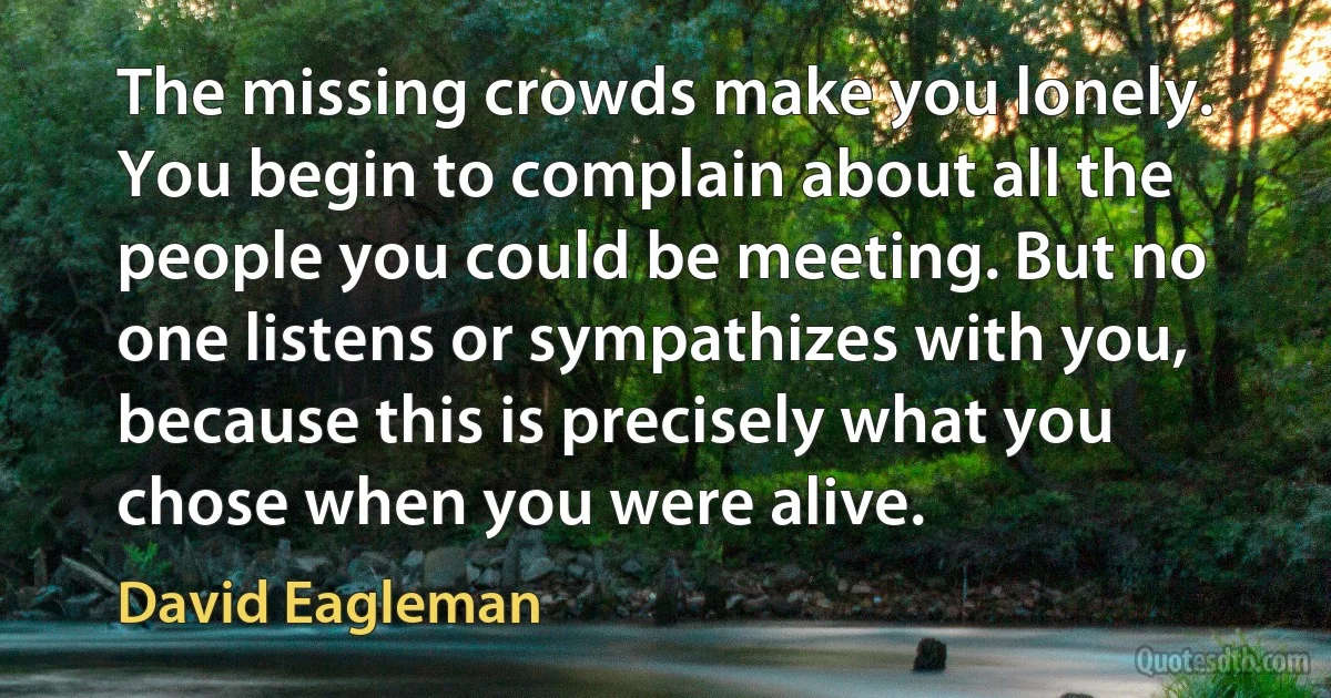 The missing crowds make you lonely. You begin to complain about all the people you could be meeting. But no one listens or sympathizes with you, because this is precisely what you chose when you were alive. (David Eagleman)